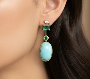 Detachable Persian Turquoise with Emeralds and Diamonds Earrings